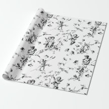Vintage Cupid Angels Floral Black White Toile