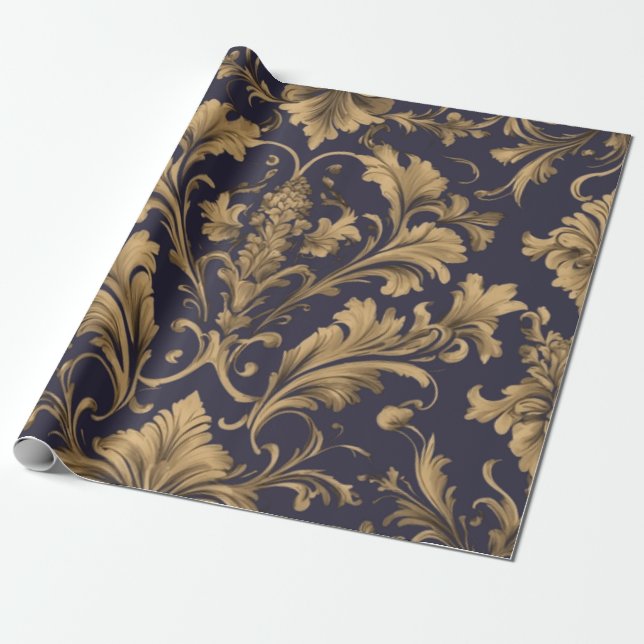 Papel De Presente Vintage Damasco Dourado Elegante (Desenrolado)