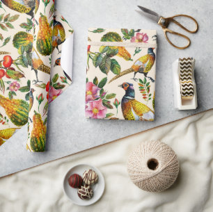 Papel De Presente Vintage de pássaros cor-de-laranja-amarelos rosas