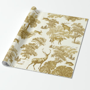 Papel De Presente Vintage Dourada Deer Fox Hare Country Toile