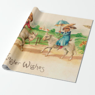 Papel De Presente Vintage Easter Bunny Rabbit Riding saudações
