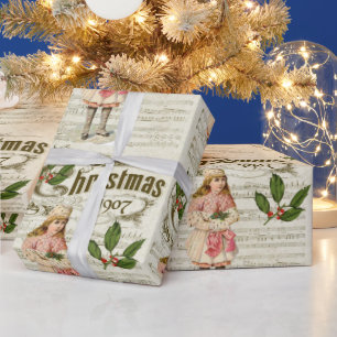 Papel De Presente Vintage Ephemera 1907 Christmas Carol Holly Berry
