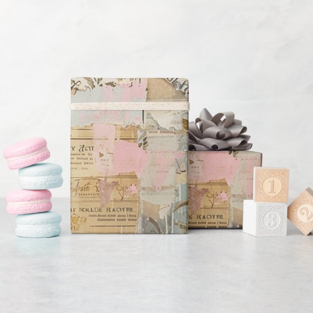 Papel De Presente Vintage Ephemera: Sonhos Rosa (Chá de bebê)