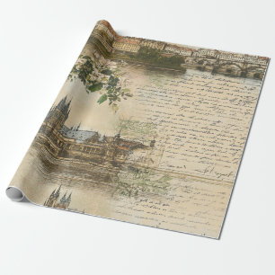 Papel De Presente Vintage European River Scense - Script manuscrito