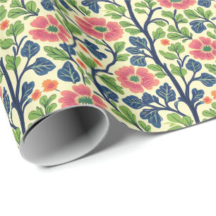 Papel De Presente Vintage Floral Rosa Flor Flor Folhagem Verde Esmag