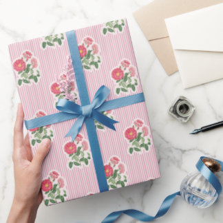 Papel De Presente Vintage Floral Wild Roses Pink Stripes Pattern
