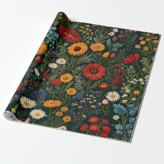 Papel De Presente Vintage Flores Selvagens Vermelho Laranja Azul Van