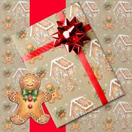 Papel De Presente Vintage Gingerbird Man, House, Tree, Natal