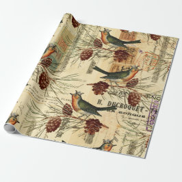 Papel De Presente Vintage Green Birds e Pine Cones