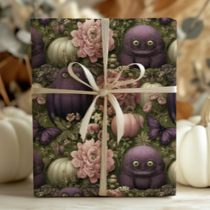 Papel De Presente Vintage Halloween Monsters and Pumpkins in Purple