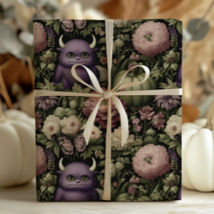 Papel De Presente Vintage Halloween Monsters and Pumpkins Purple