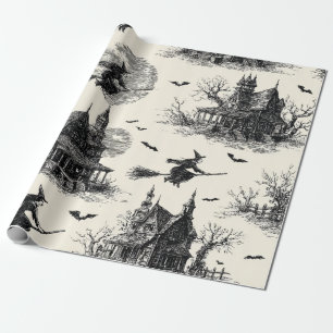 Papel De Presente Vintage Haunted House and Witch Toile Pattern (2)