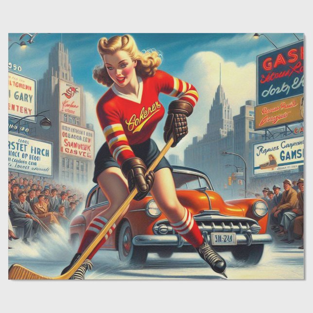 Papel De Presente Vintage Hockey Girl (Aberto)