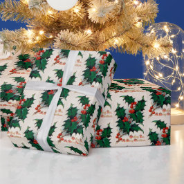 Papel De Presente Vintage Holly Berry - Folha de Natal