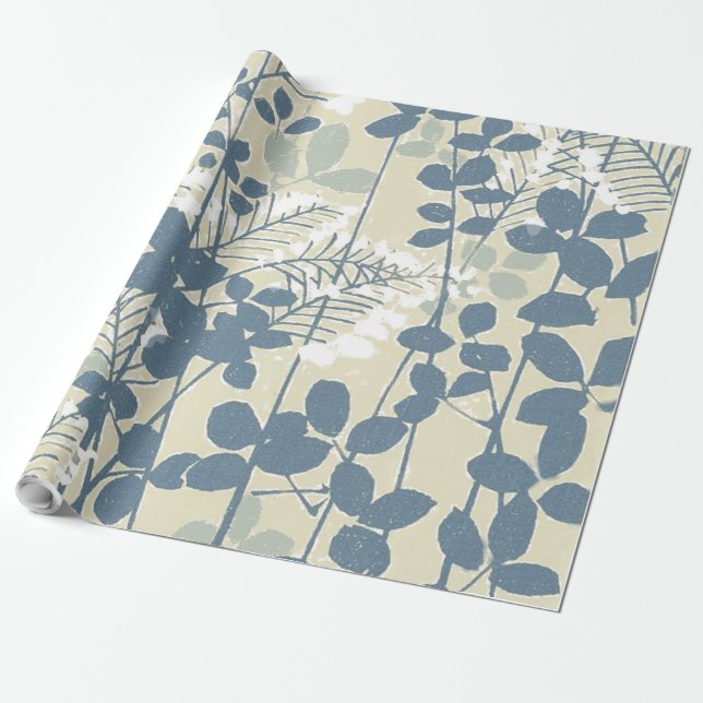Papel De Presente Vintage Japonês Azul Botânico: Samambaia de Folha  (Desenrolado)