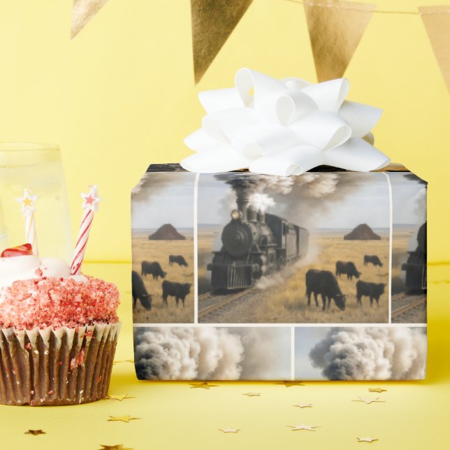 Papel De Presente Vintage Locomotive Train with Cows (Festa de aniversário)