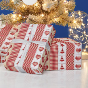 Papel De Presente Vintage, Natal, Red Check, Country Hearts