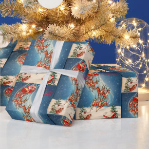 Papel De Presente Vintage Papais noeis Sleigh e Reindeer Voando