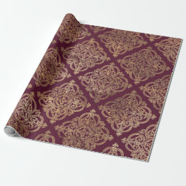 Papel De Presente Vintage Paris Burgundy Red e Dourado Grunge Damask