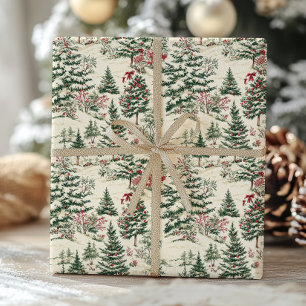 Papel De Presente Vintage Pine Árvore Vitoriana Toile de Natal