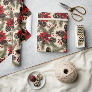 Papel De Presente Vintage Pine cones e ramos com poinsettia