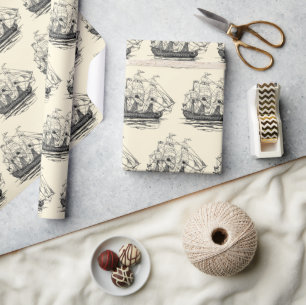 Papel De Presente Vintage Pirates Galleon, esboço de um navio de 74 