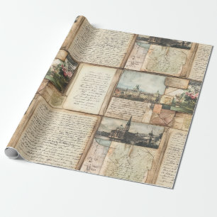 Papel De Presente Vintage Postcard Collage com Cartas Europeias