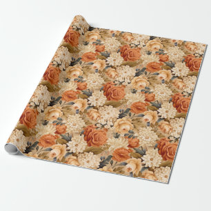 Papel De Presente Vintage queimou laranja torrado flores beges