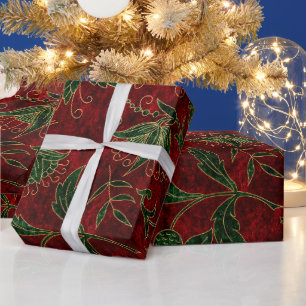 Papel De Presente Vintage Red e Green Floral de Natal Velvet