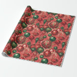 Papel De Presente Vintage Red Green Christmas Baubles<br><div class="desc">Enfeites de natal vitorianos do estilo Vintage em fundo de sábio para o presente de Natal clássico.</div>