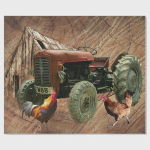 Papel De Presente Vintage Red Trator Rooster Hen Rustic Barn Shed