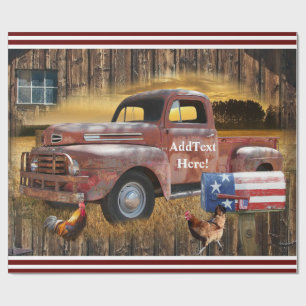 Papel De Presente Vintage Red Truck Fazenda Rooster Hen Fazenda