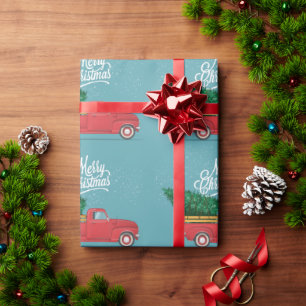 Papel De Presente Vintage Red Truck Script Natal Holiday Xmas
