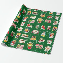 Papel De Presente Vintage Retro Kitsche Vinhetas de Natal em Verde