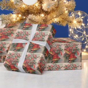 Papel De Presente Vintage Retro Natal Red Bells Neve Holly