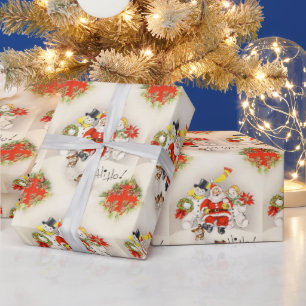 Papel De Presente Vintage Retro Papai Noel Dois Neves Cachorro