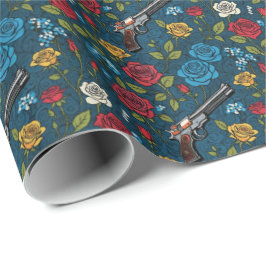 Papel De Presente Vintage Revolver Floral Com Rosa Azul Escuro