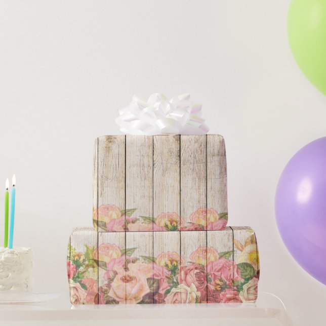 Papel De Presente Vintage Rosas Rústicos Românticos Madeira (Presentes para festas)