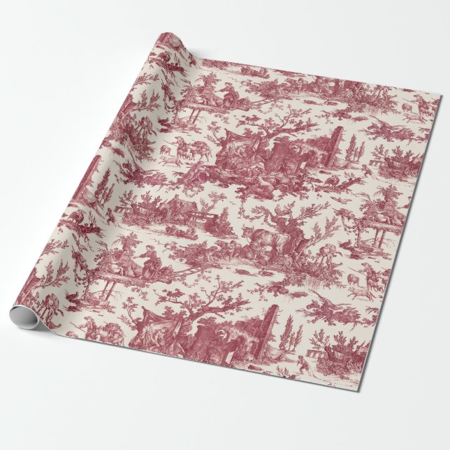 Papel De Presente Vintage Rustic Fazenda Francesa Toile-Red & Tan (Desenrolado)