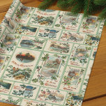 Papel De Presente Vintage Rustic Holly Christmas Card Collage<br><div class="desc">Colagem festiva e colorida com cartões de Natal antigos com paisagens rústicas,  saudações,  flores e holly com bordas verdes claras. O padrão é perfeito e pode ser dimensionado para cima ou para baixo.</div>