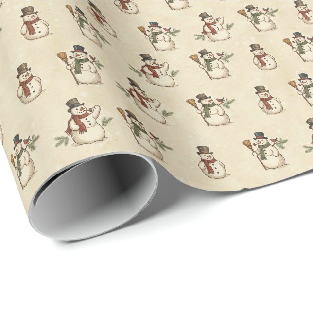 Papel De Presente Vintage Rustic Snowman Wrapping Paper (Ponta do rolo)