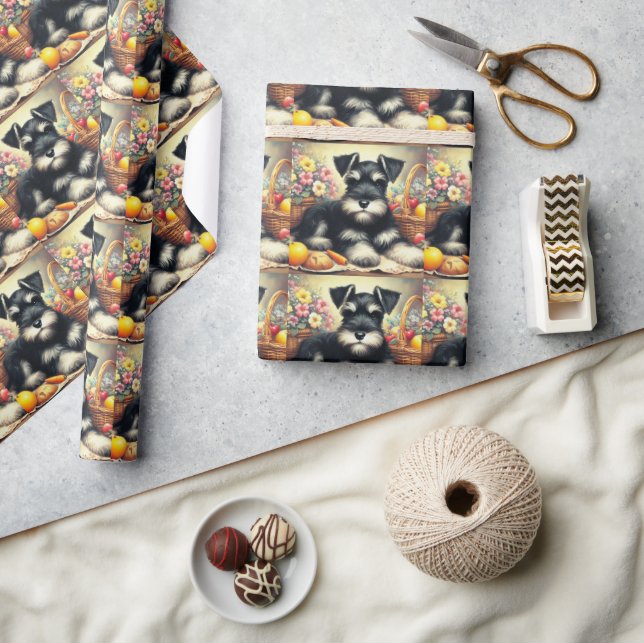 Papel De Presente Vintage Schnauzer Pintura (Artesanato)