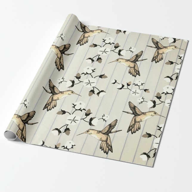 Papel De Presente Vintage Sepia Hummingbird & Florals (Desenrolado)
