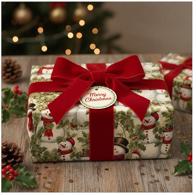 Papel De Presente Vintage Snowmen E Holly (Criador carregado)