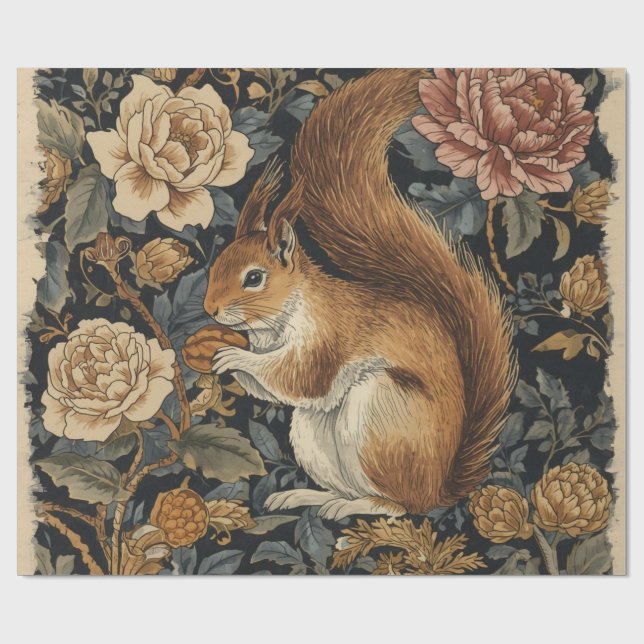 Papel De Presente Vintage Squirrel and Flowers Pattern (Aberto)