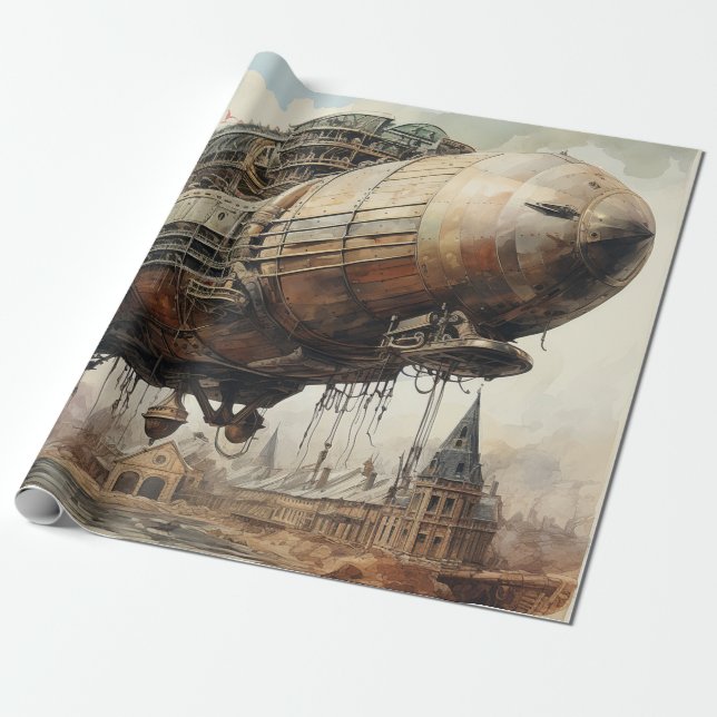Papel De Presente Vintage Steampunk Zeppelin (2) (Desenrolado)