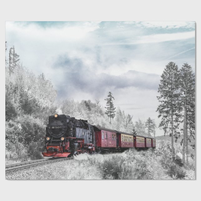 Papel De Presente Vintage Train Winter Christmas Cena (Aberto)