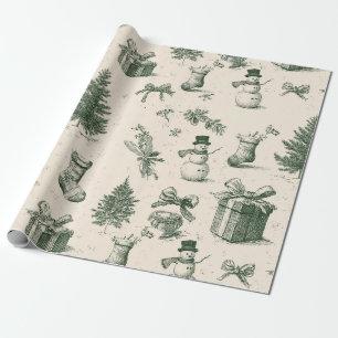 Papel De Presente Vintage Verde Salvia Toile de Natal de Inverno (2)
