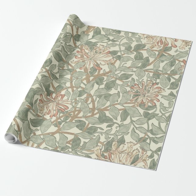 Papel De Presente Vintage Verde Suave William Morris Honeysuckle (Desenrolado)