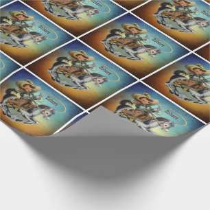 Papel De Presente Vintage Western Cowboy Em Cavalo Com Corda